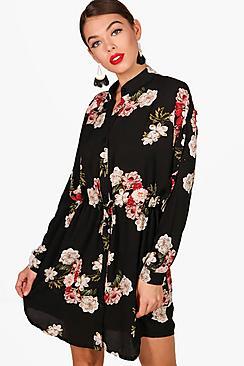 Boohoo Becky Floral Tie Waist Woven Shirt Dress