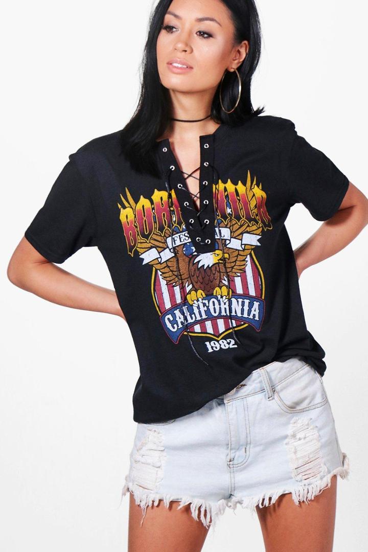 Boohoo Lucy Lace Up Band Tee Multi