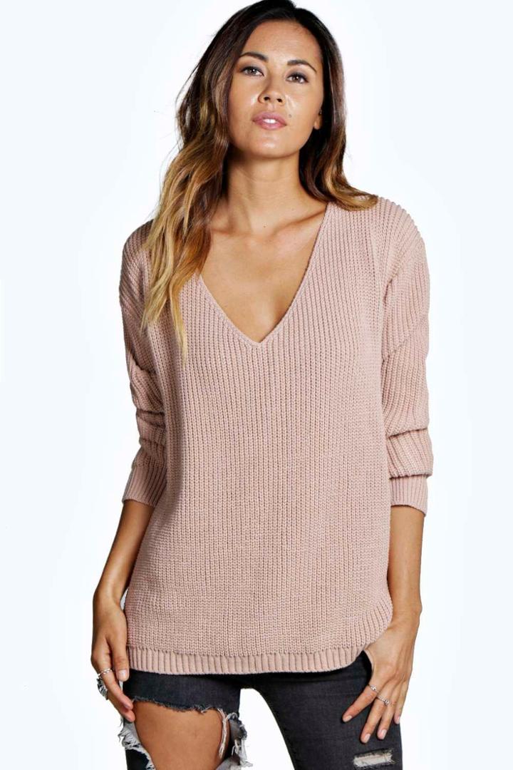 Boohoo Sasha Oversized V Neck Jumper Nude