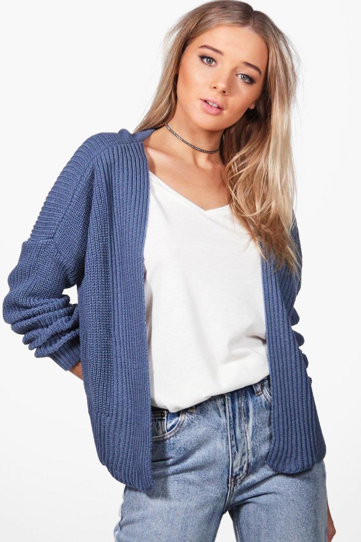 Boohoo Ashley Oversized Rib Cropped Cardigan Blue