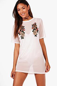 Boohoo Anna Sequin Floral Mesh T-shirt Dress