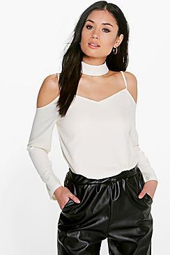 Boohoo Maddy Open Shoulder Choker Neck Strap Blouse