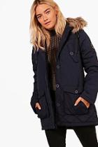 Boohoo Poppy Quilted Parka With Faux Fur Hood