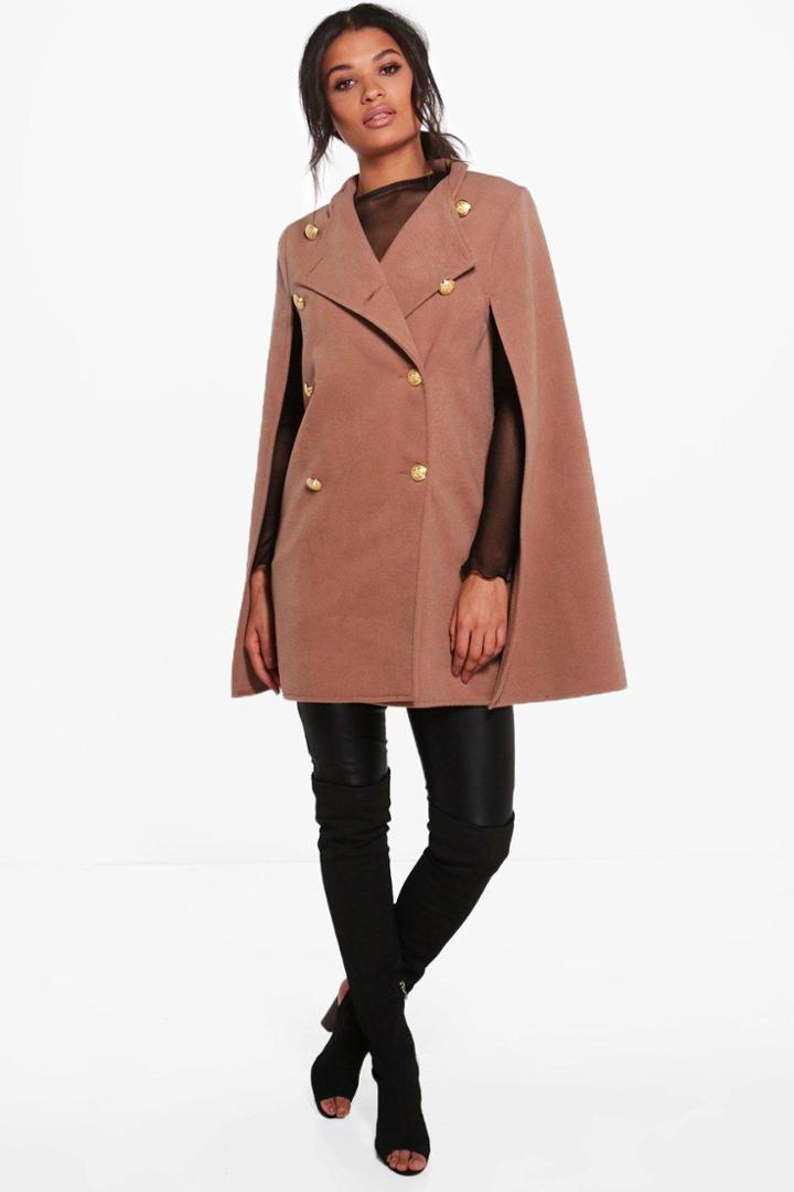Boohoo Joanna Double Breasted Wool Cape Camel