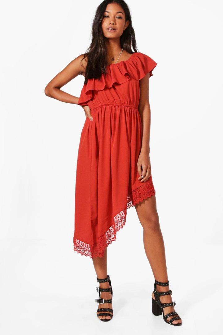 Boohoo Eliza One Shoulder Asymmetric Hem Midi Dress Rust