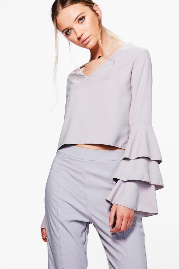 Boohoo Vanessa Frill Sleeve Woven Top Grey