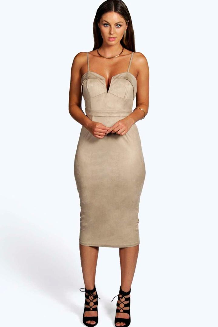 Boohoo Boutique Violeta Suedette Plunge Bodycon Dress Stone