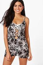 Boohoo Alicia Mono Palm Lace Up Beach Playsuit