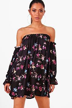 Boohoo Off Shoulder Balloon Sleeve Swing Dress