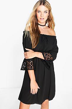 Boohoo Off Shoulder Crochet Sleeve Dress