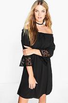 Boohoo Off Shoulder Crochet Sleeve Dress