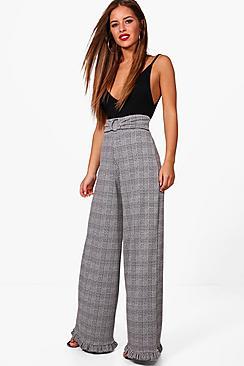 Boohoo Petite Jess Dogtooth Belt Detail Wide Let Trousers