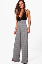 Boohoo Petite Jess Dogtooth Belt Detail Wide Let Trousers