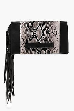 Boohoo Suedette Faux Snake Combo Tassel Clutch Bag