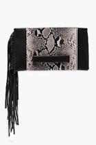 Boohoo Suedette Faux Snake Combo Tassel Clutch Bag