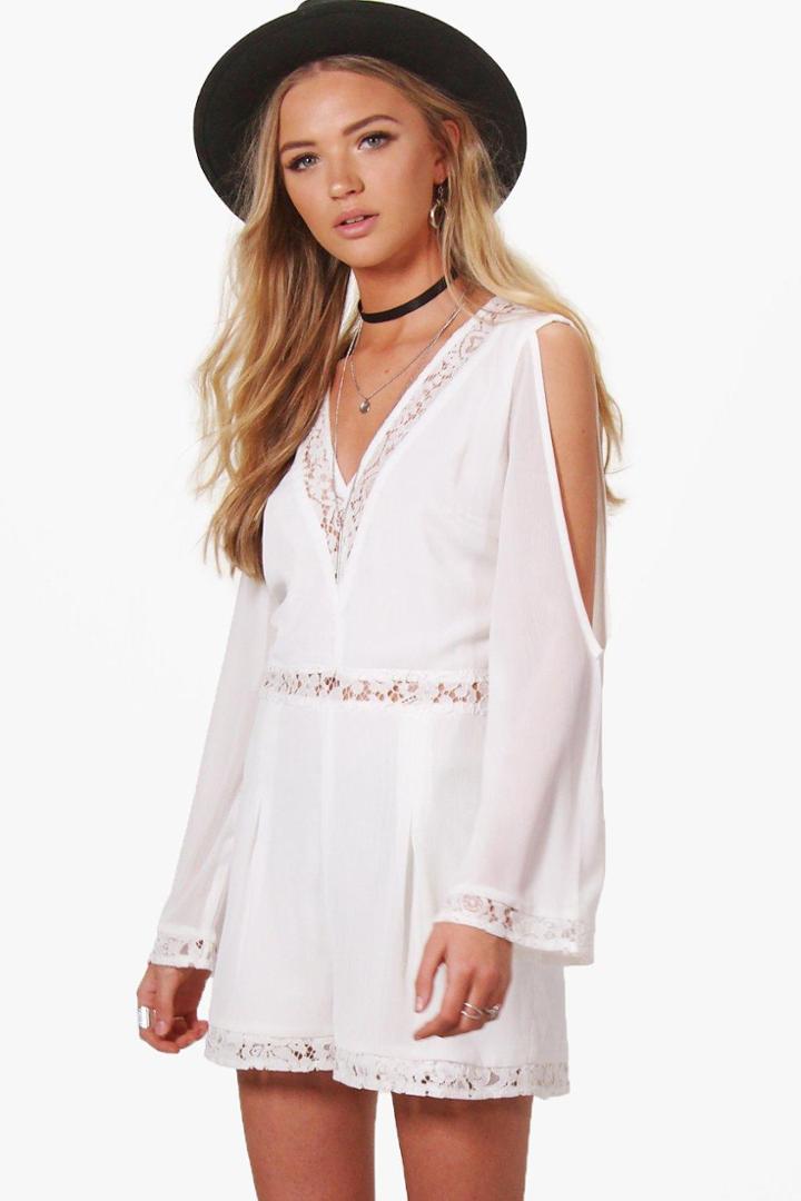 Boohoo Keely Crochet Insert Split Sleeve Playsuit White