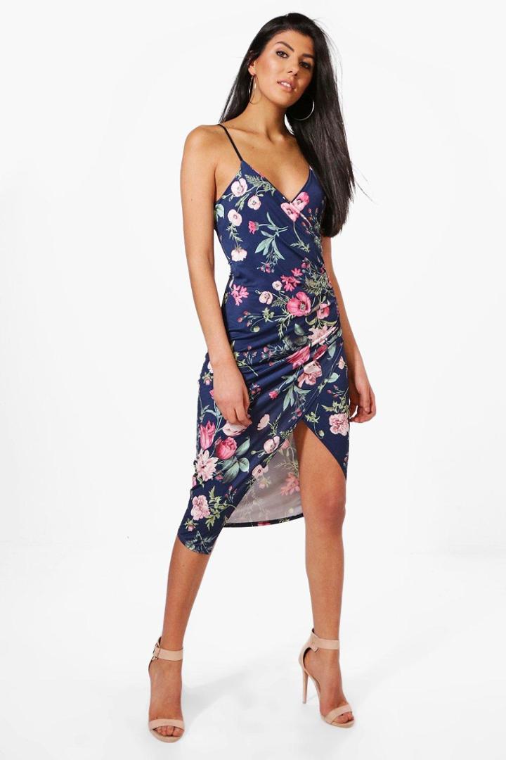 Boohoo Maya Floral Strappy Wrap Midi Dress Navy