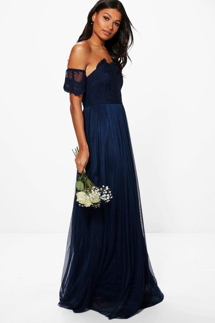 Boohoo Boutique Erin Lace Off Shoulder Maxi Dress Navy
