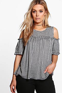 Boohoo Plus Gingham Cold Shoulder Ruffle Top
