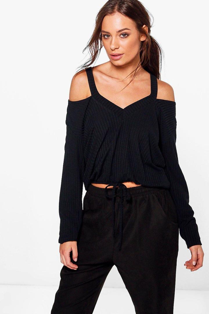 Boohoo Rosey Rib Cold Shoulder Drawstring Top Black