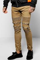 Boohoo Super Skinny Fit Biker Jeans With Zipped Knees Sand