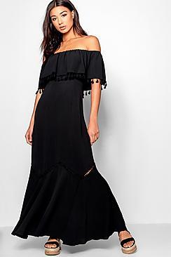 Boohoo Trixy Off The Shoulder Tassel Trim Maxi Dress