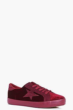 Boohoo Daisy Velvet Star Lace Up Trainer