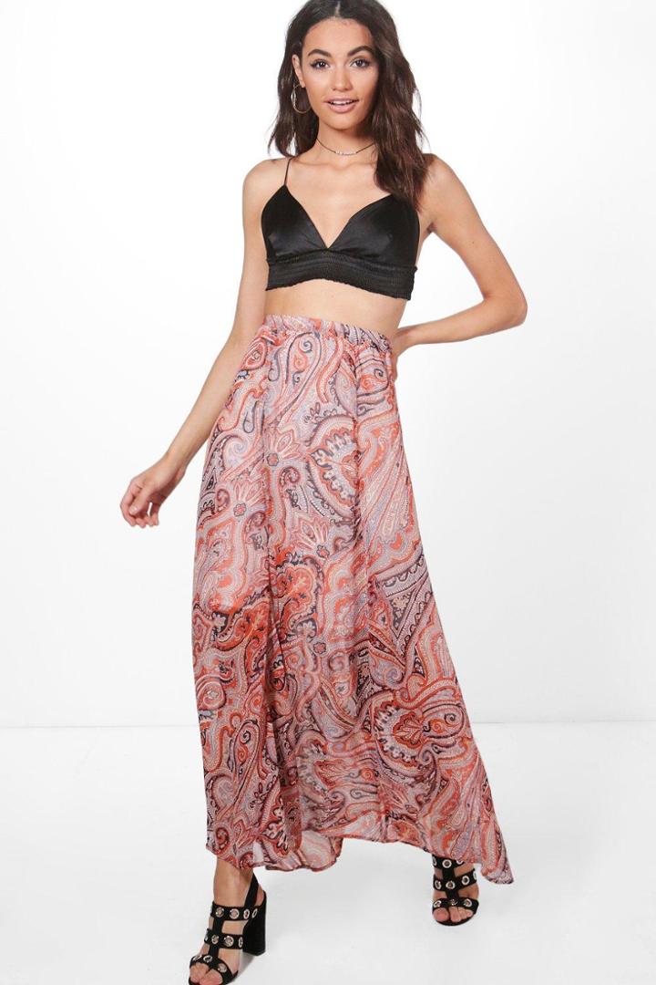 Boohoo Naomi All Over Print Maxi Skirt Orange