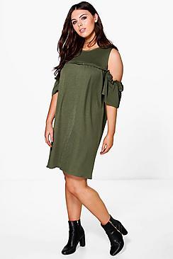 Boohoo Plus Sadie Open Shoulder Ruffle Shift Dress