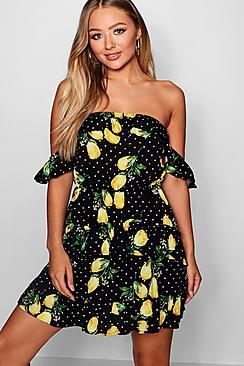 Boohoo Lemon + Polka Dot Ruffle Shoulder Mini Dress