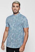 Boohoo Teal Print Short Sleeve Shirt In Muscle Fit
