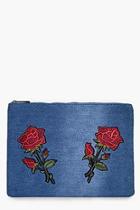 Boohoo Serena Floral Embroidered Denim Clutch Bag