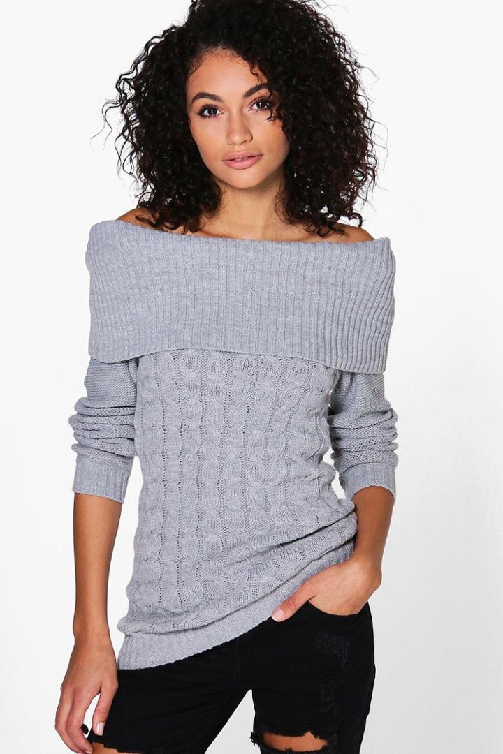 Boohoo Melissa Off The Shoulder Cable Knit Jumper Grey