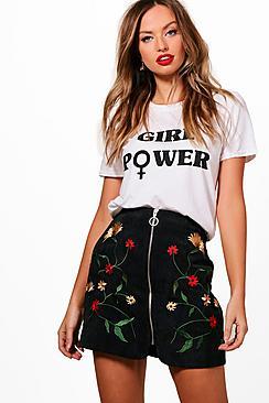 Boohoo Embroidered Zip Front Cord A Line Skirt