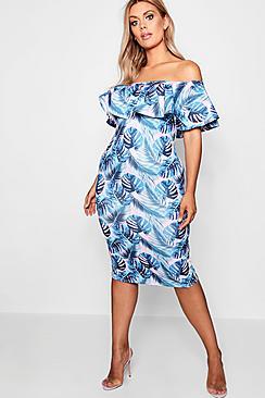 Boohoo Plus Holly Palm Print Double Layer Midi Dress