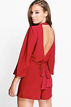 Boohoo Nia Long Sleeve Open Back Playsuit