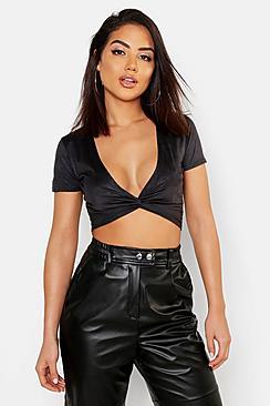 Boohoo Soft Handle Faux Suede Twist Front Crop Top