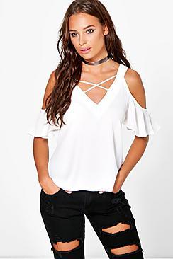 Boohoo Sasha Cold Shoulder V Neck Woven Top