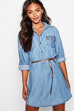Boohoo Petite Belted Denim Shirt Dress