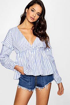 Boohoo Rachel Striped Ruffle Waist Cotton Top