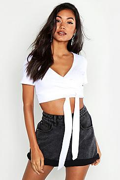 Boohoo Jumbo Rib Wrap Tie Front Crop