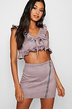 Boohoo Ruffle Suede Zip Skirt Co-ord