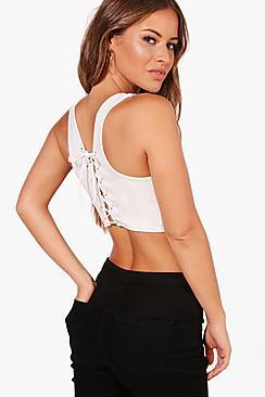 Boohoo Petite Sophie Lace Up Eyelet Crop Top