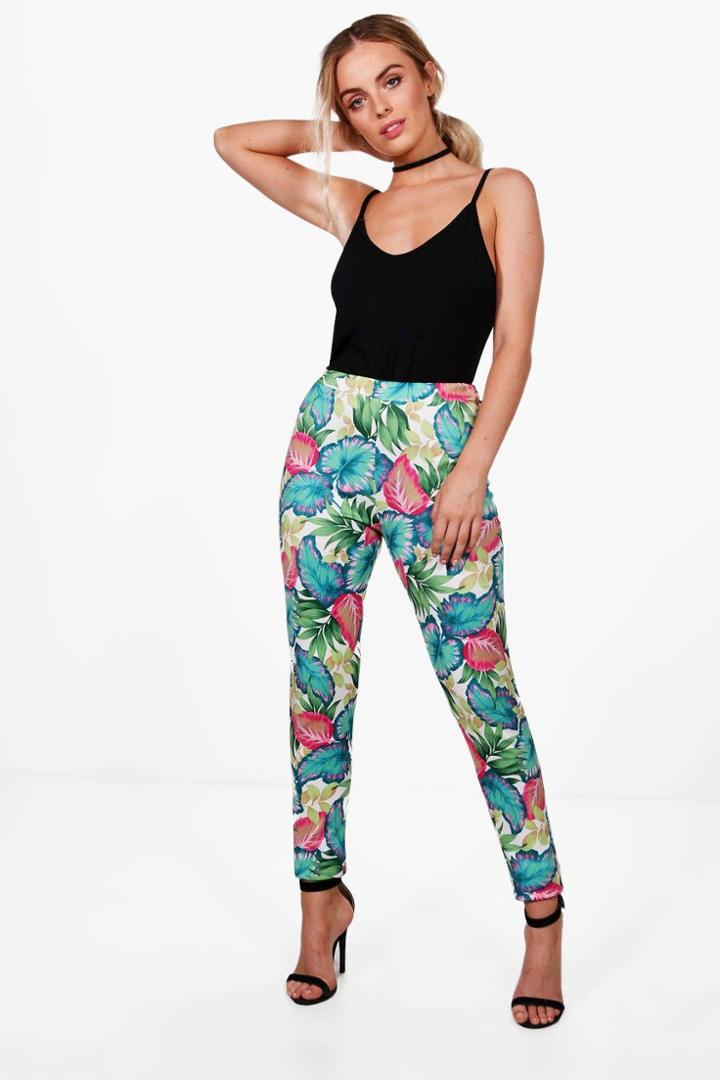 Boohoo Amy Palm Print Stretch Skinny Trousers White