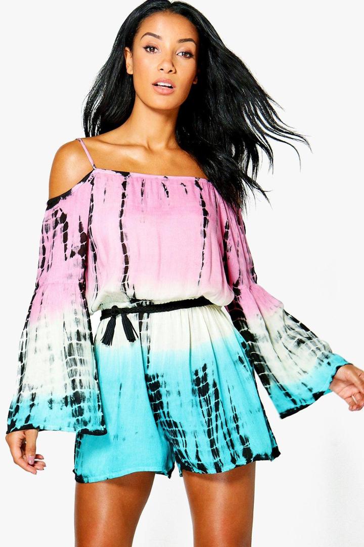 Boohoo Emilia Tie Dye Cold Shoulder Beach Playsuit Multi