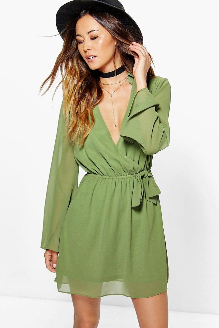 Boohoo Mia Woven Wrap Shirt Dress Khaki