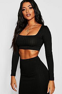 Boohoo Ribbed Long Sleeve Crop Top