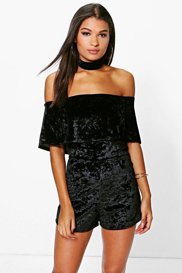Boohoo Kate Crushed Velvet Bardot Choker Detail Playsuit Black