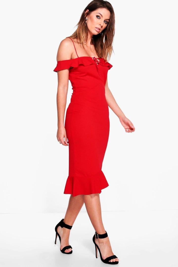 Boohoo Jayne Frill Off Shoulder Tie Detail Midi Dress Red