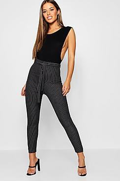 Boohoo Petite Pinstripe Tie Waist Slim Leg Trouser